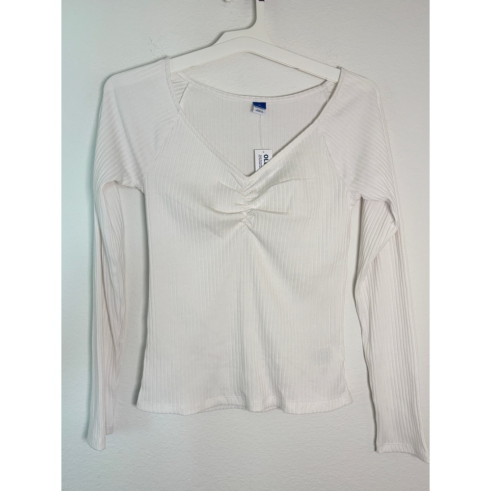 Old Navy Mens White Ribbed Long Sleeve Ruched Sweetheart Neck Top Size M NWT